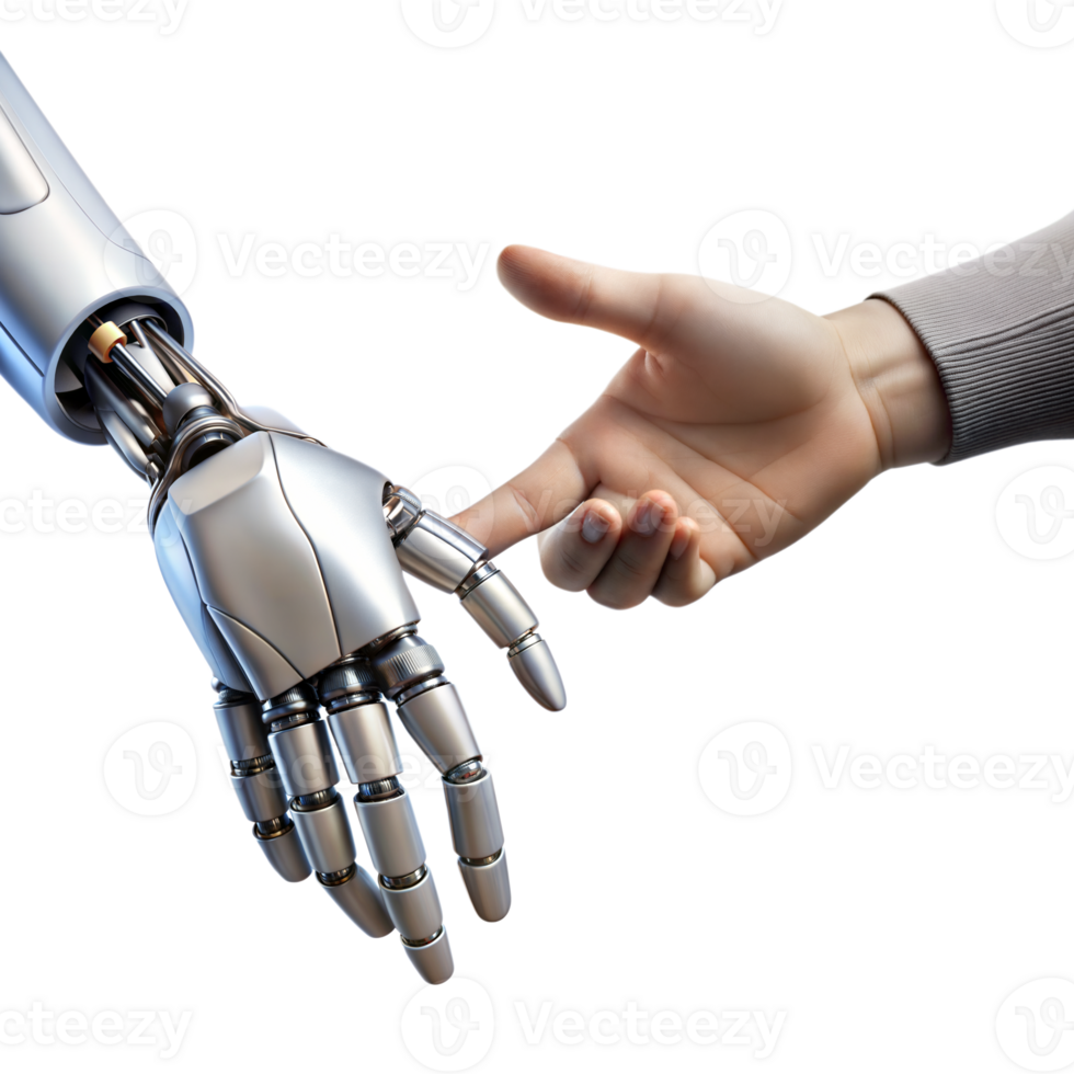 A robot and human hand reach out to touch fingers png