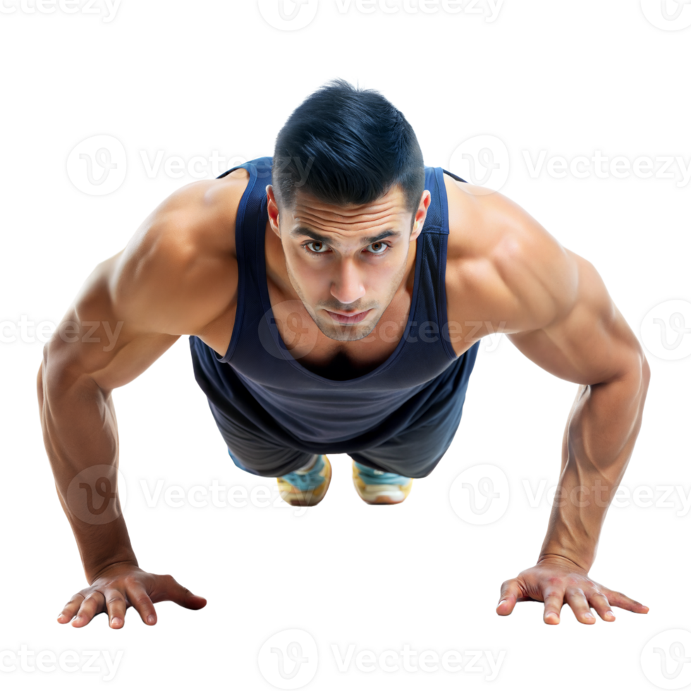 A fit man executes push-ups, showcasing strength and concentration png