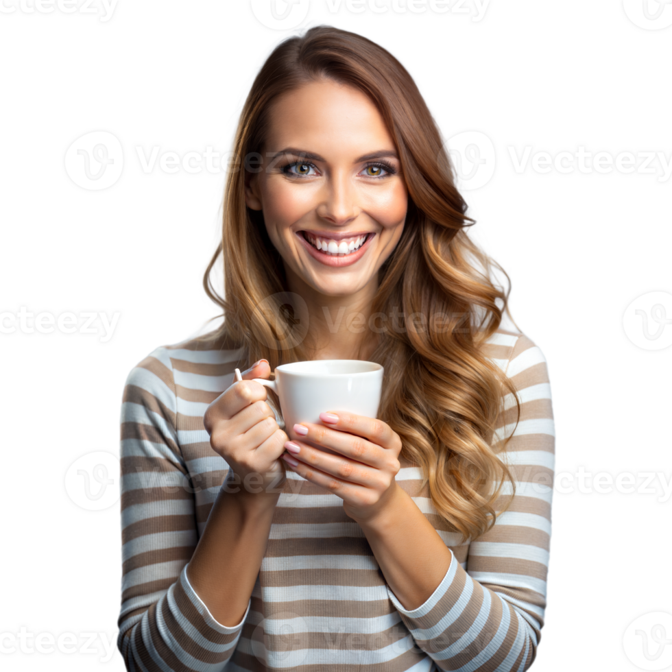 A cheerful lady enjoys a warm drink in casual attire png