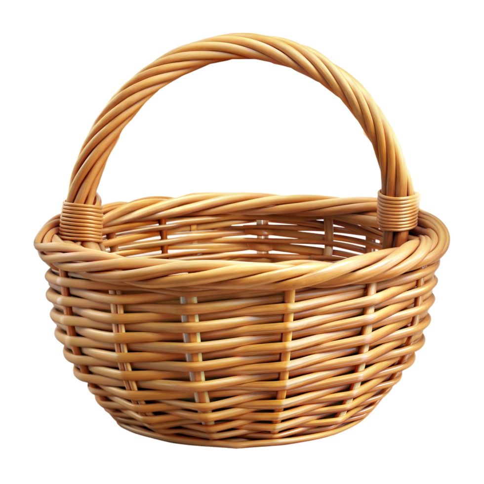 A wicker basket with a handle isolated on a transparent background png