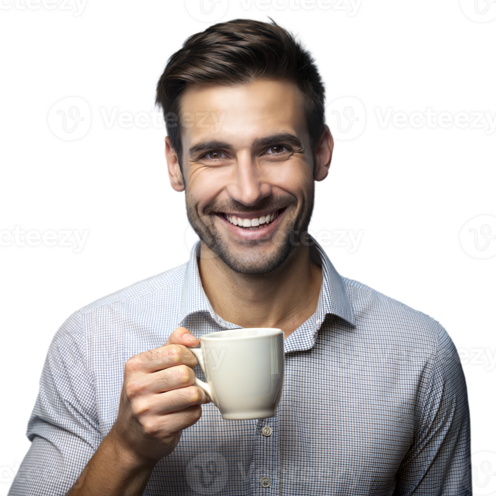 Cheerful man with a coffee mug in a casual setting png