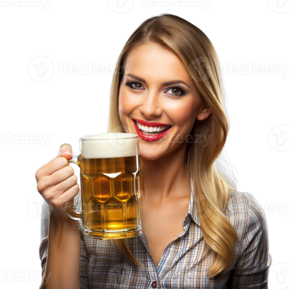 Cheerful woman presents a mug of beer png