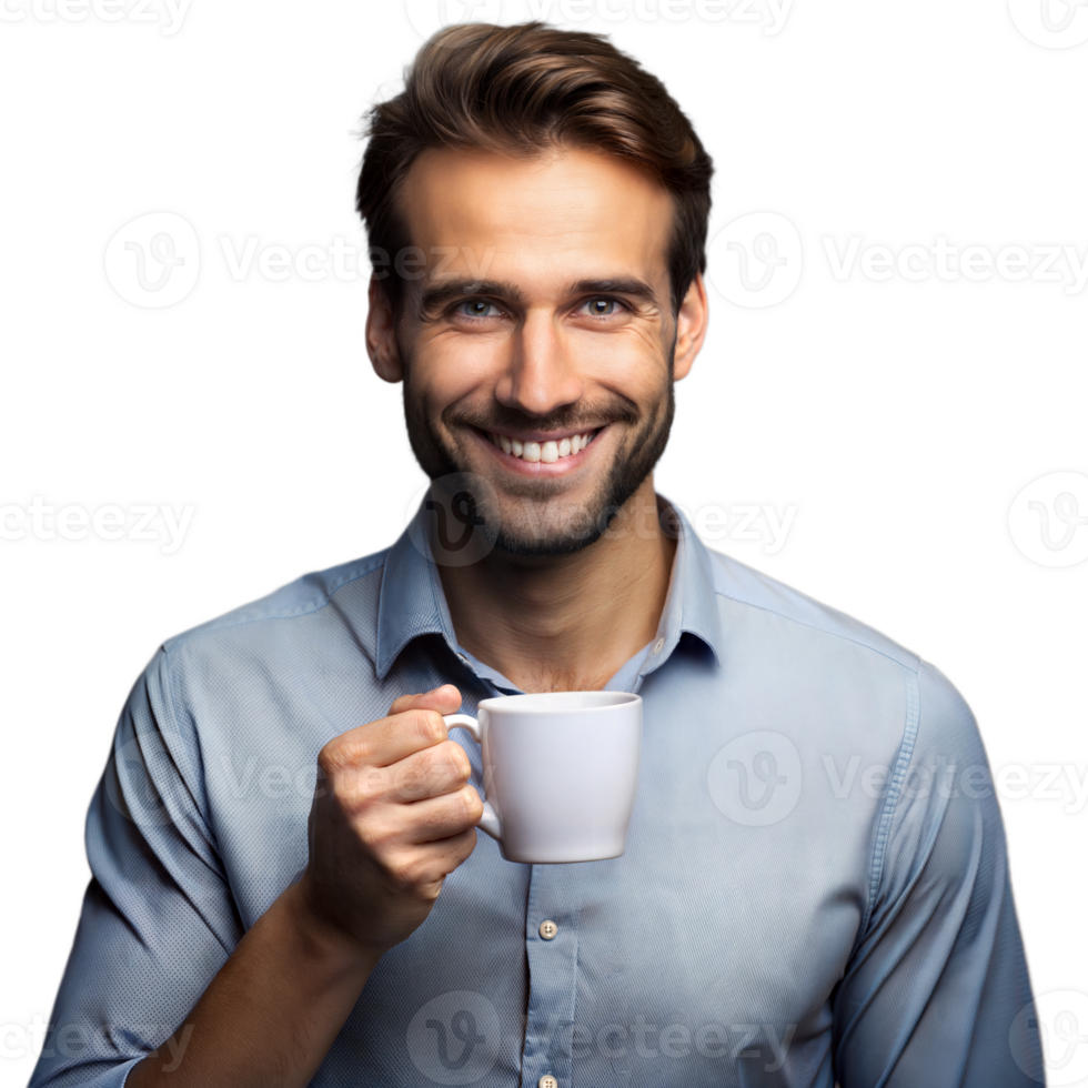 Cheerful man enjoying a warm beverage, dressed in blue png