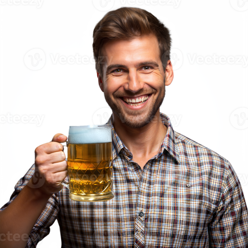 Cheerful man in plaid shirt toasting with a beer mug png