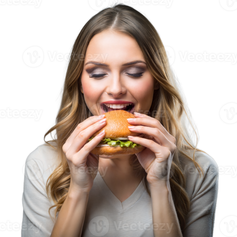 A woman bites into a burger with a joyful expression png