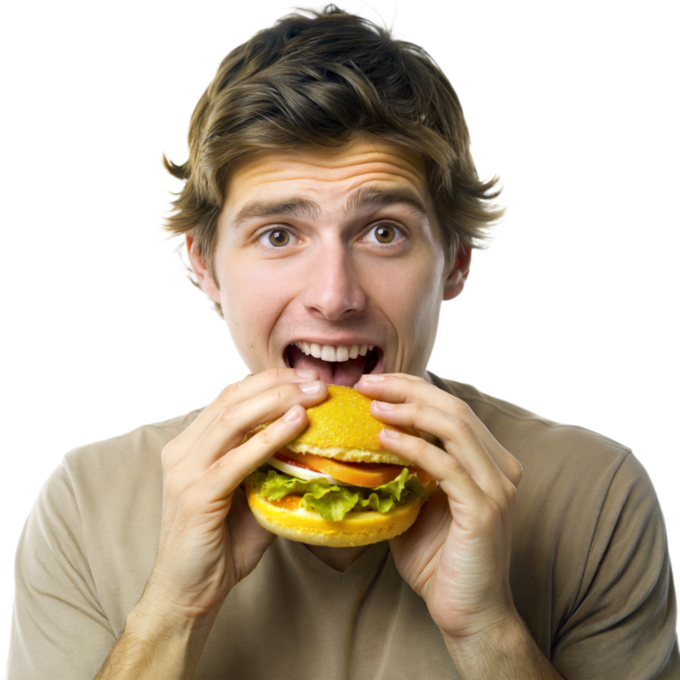 Man bites into a burger with a delighted expression png