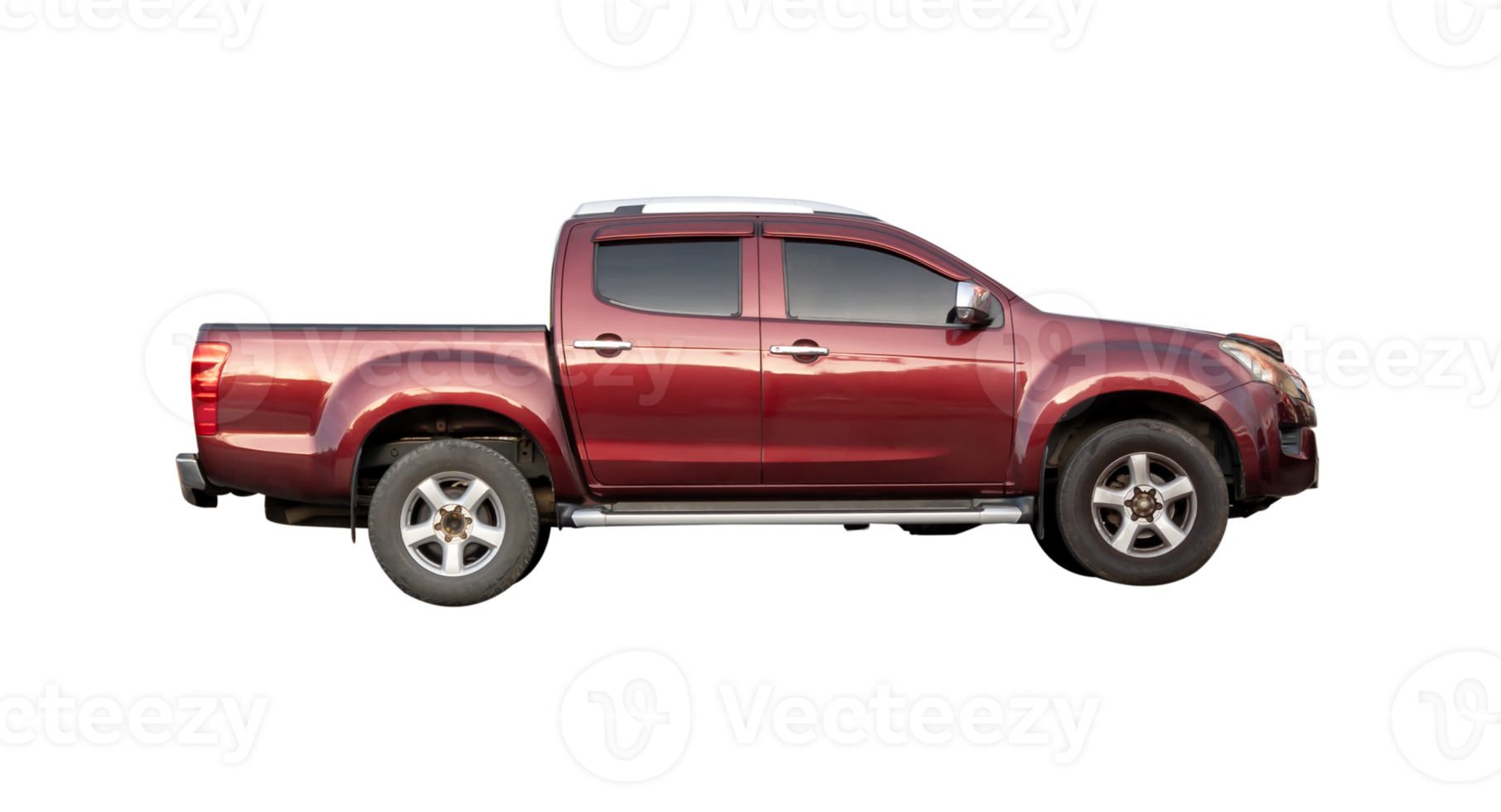 Side view of red pickup truck isolated with clipping path in file format png