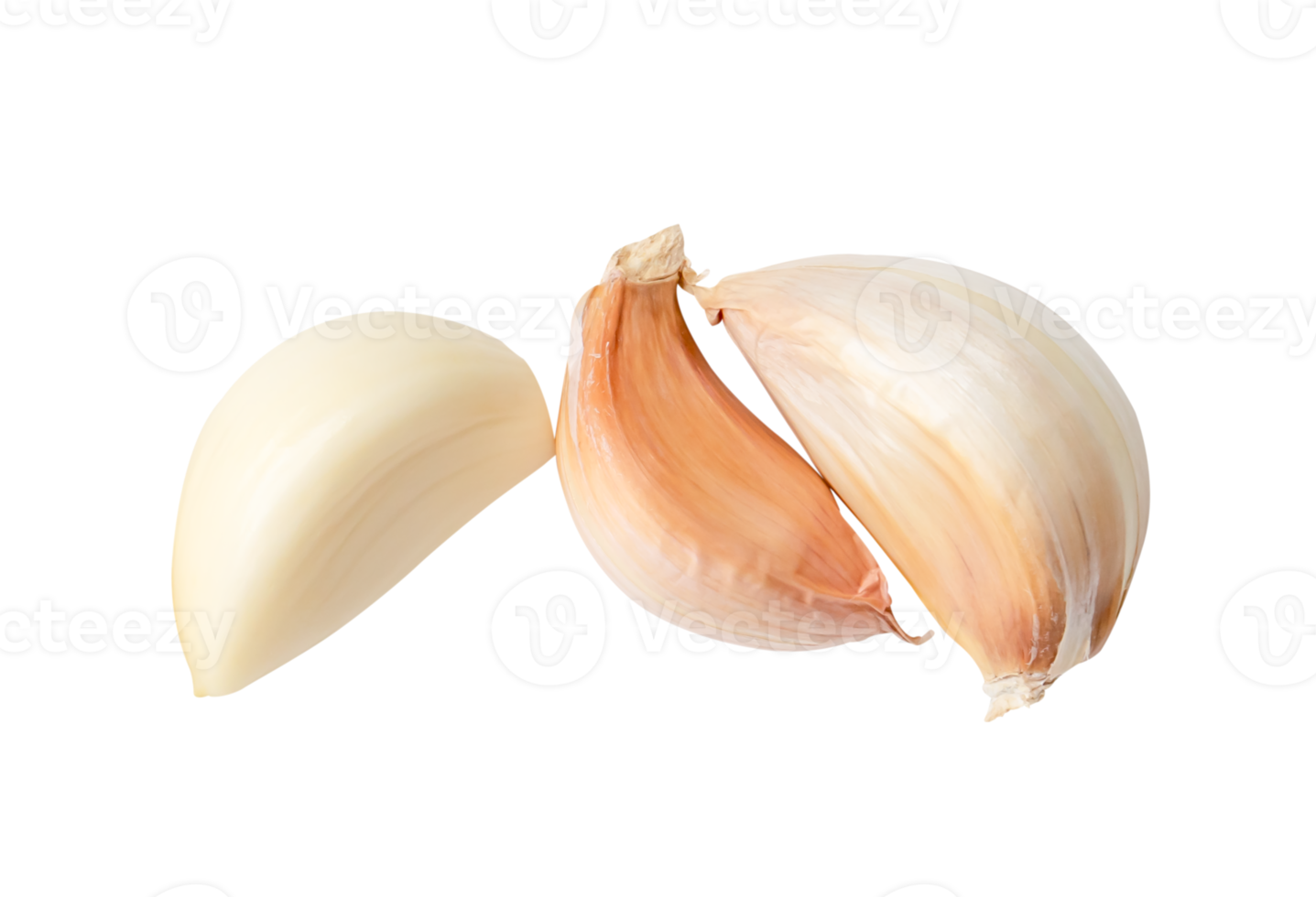 Top view set of peeled and unpeeled garlic cloves isolated with clipping path in file format png