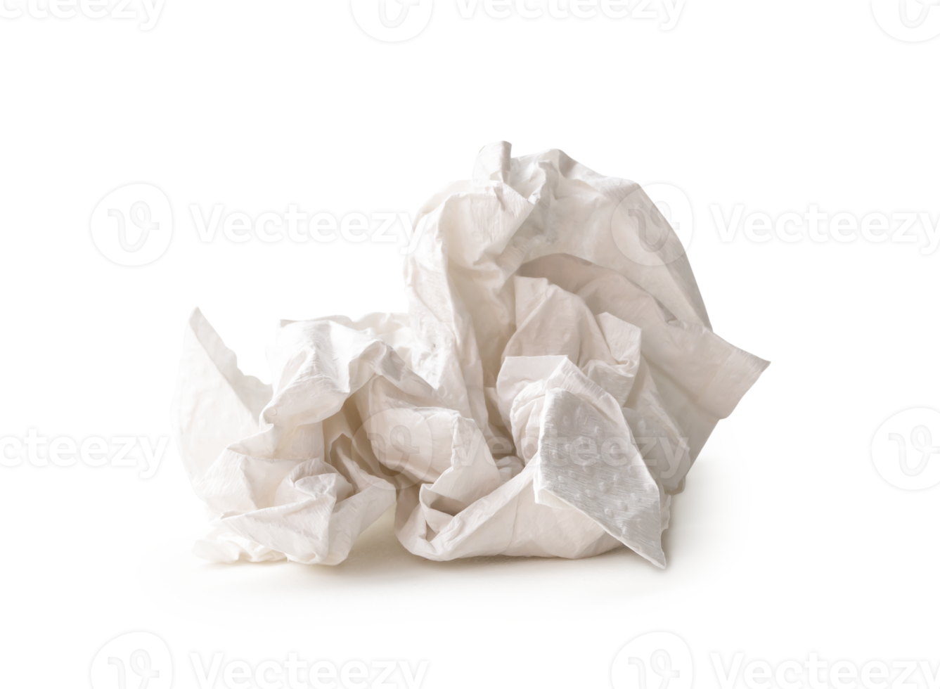 Front view of screwed or crumpled tissue paper ball after use in toilet or restroom isolated with clipping path and shadow in file format png