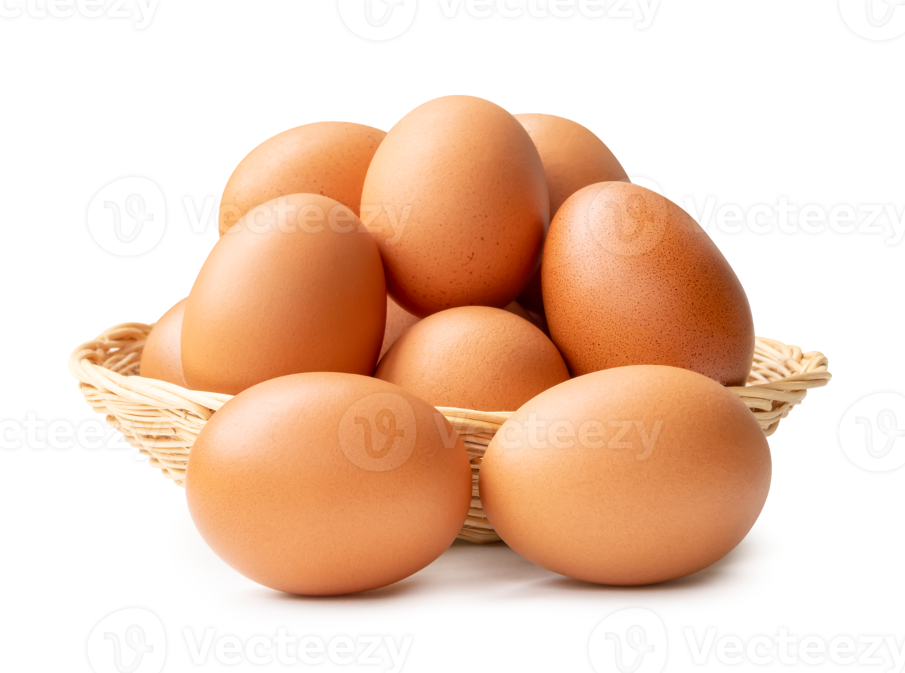 Front view of chicken eggs in stack in wicker basket isolated with clipping path and shadow in file format png