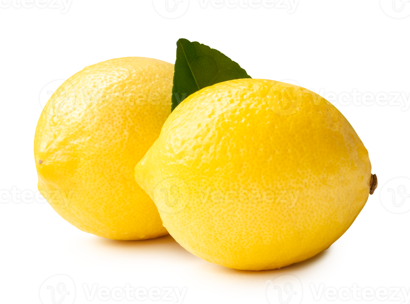 Side view of yellow lemon fruit with green leaf isolated with clipping path and shadow in file format png