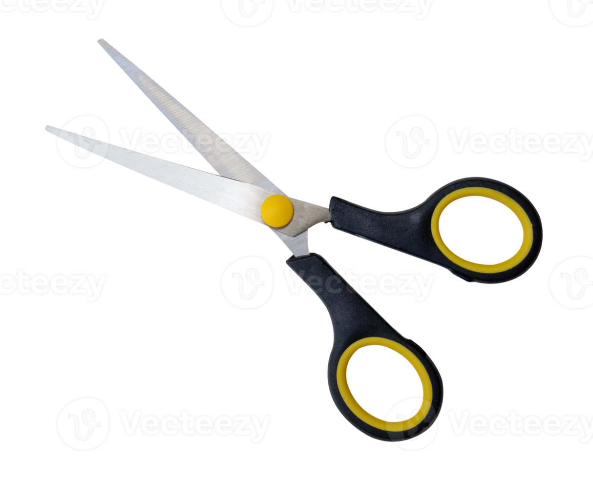 Top view of a pair of small multipurpose scissors with black handle isolated with clipping path in file format png