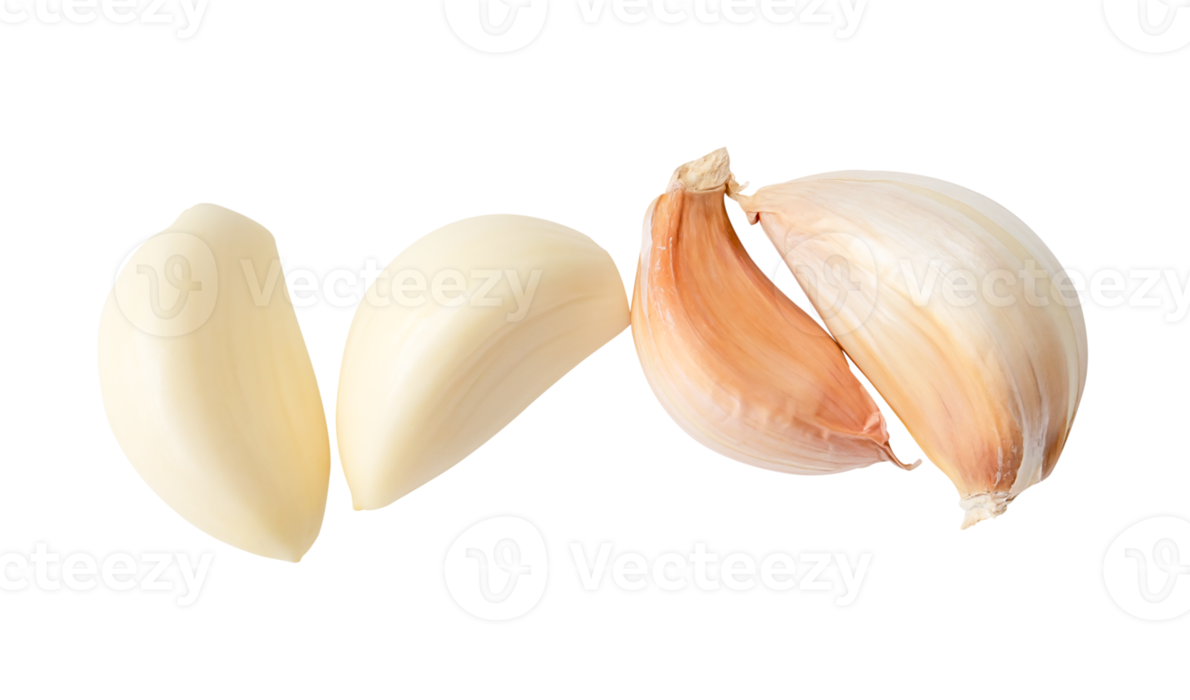 Top view set of peeled and unpeeled garlic cloves isolated with clipping path in file format png