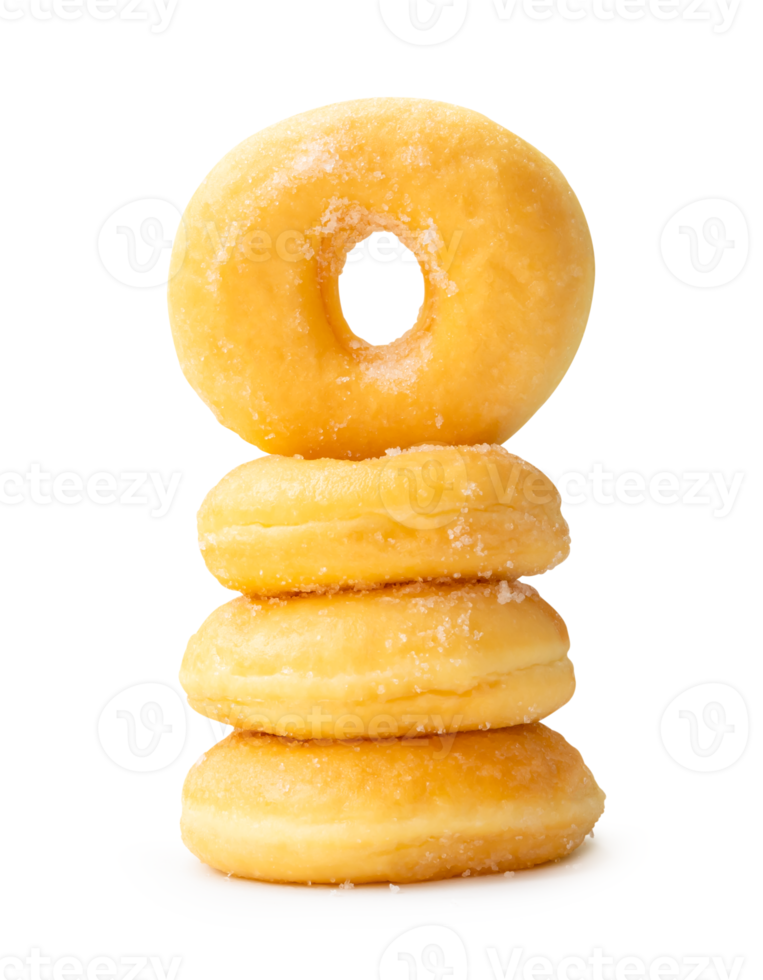 Front view of golden cinnamon donuts in stack isolated with clipping path and shadow in file format png