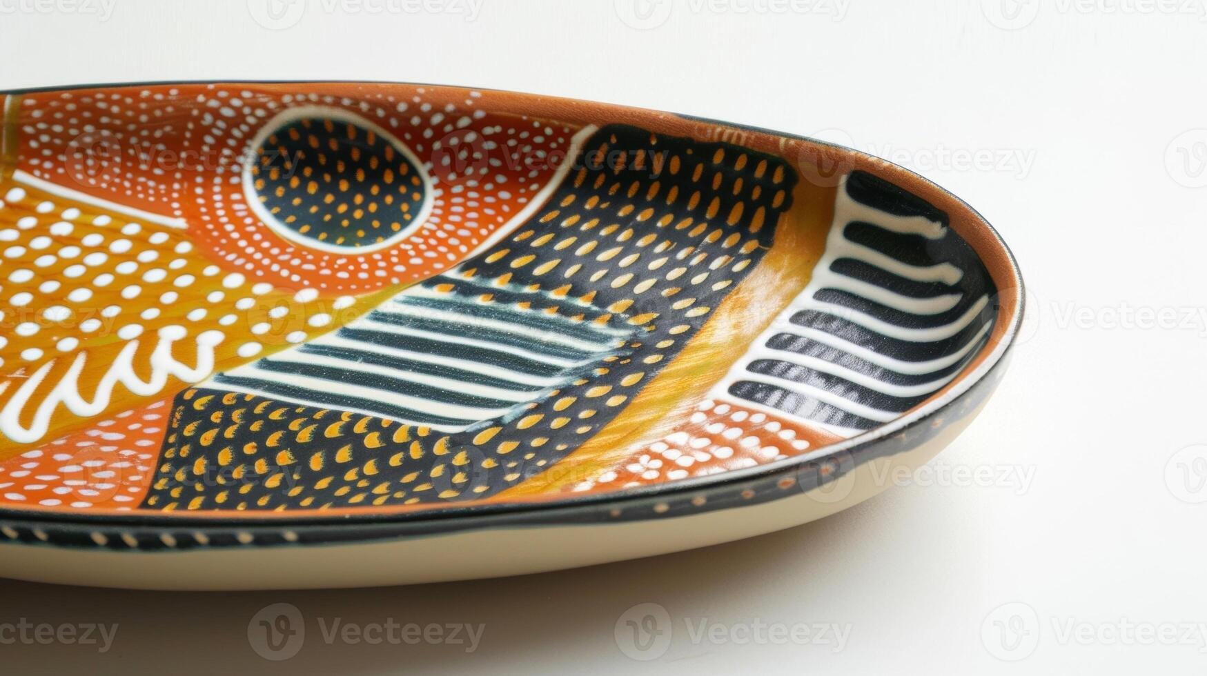 A glazed ceramic platter with a bold graphic design inspired by the intricate patterns and motifs found in traditional African textiles. photo