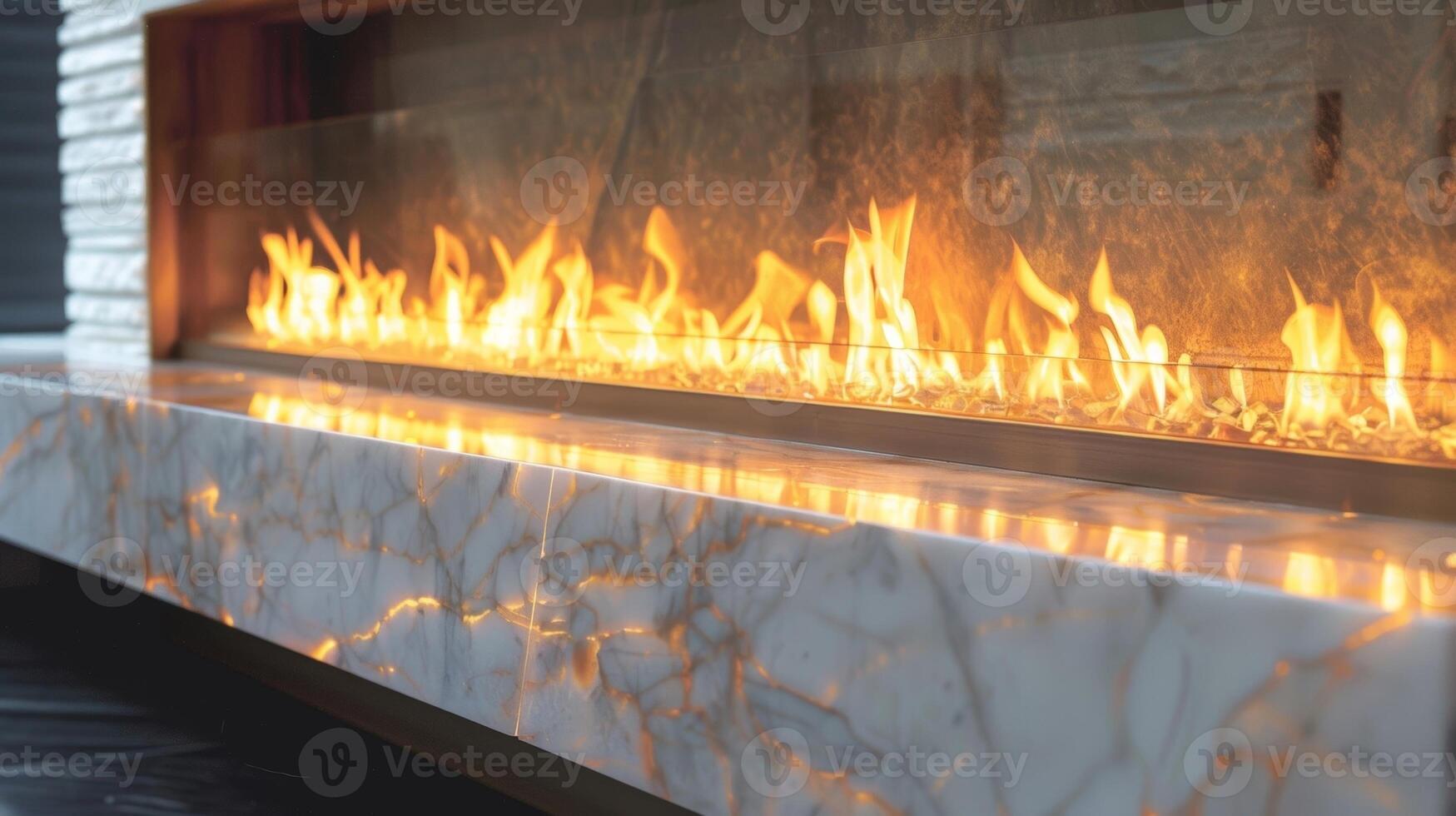 The flickering flames dance behind the glass doors of the fireplace while the marble surround reflects the light creating a mesmerizing display. 2d flat cartoon photo