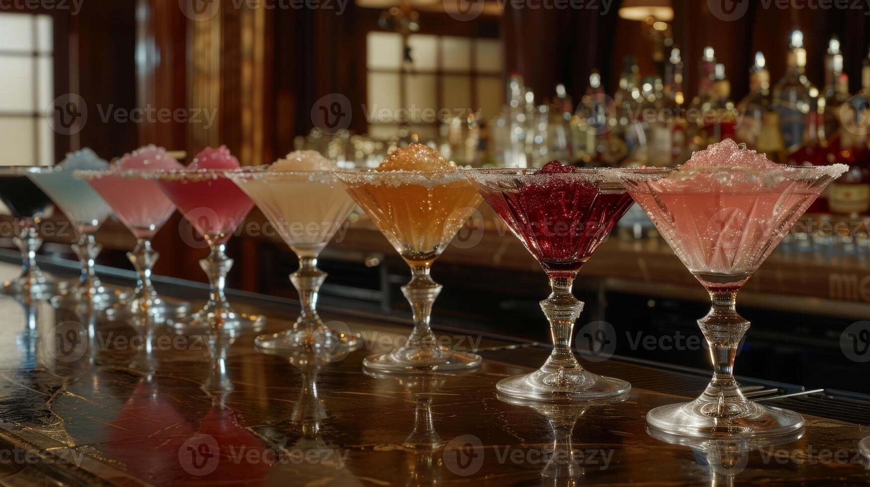 An array of uniquely shaped nonalcoholic martini glasses line the bar each filled with a different concoction to delight the taste buds photo