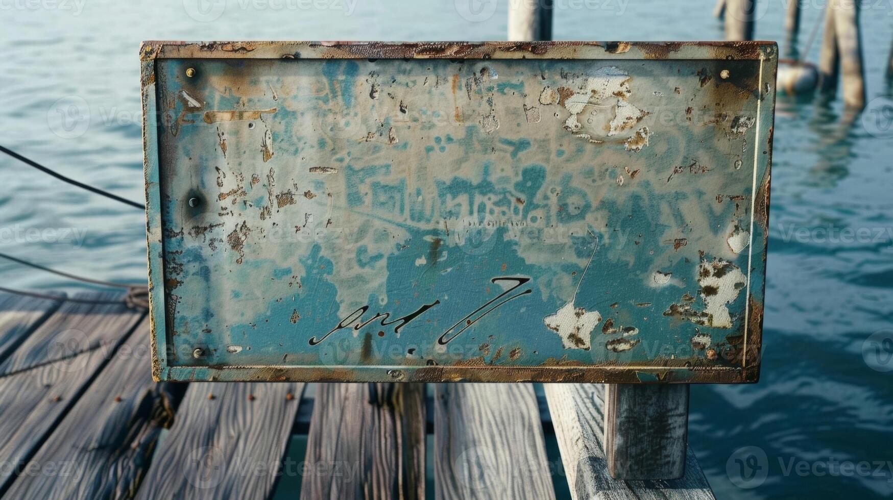 Blank mockup of a weathered metal dock sign with raised lettering. photo
