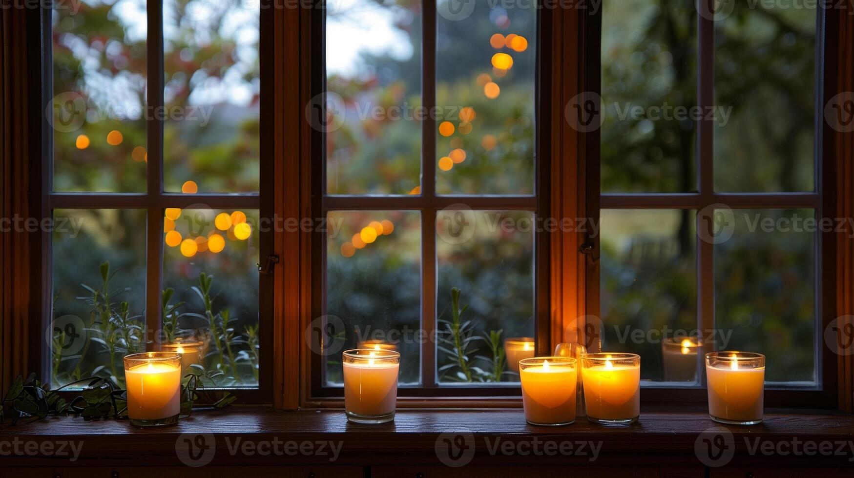 Small votive candles line the windowsill allowing the natural light of the moon to mix with the warm glow of the flames. 2d flat cartoon photo