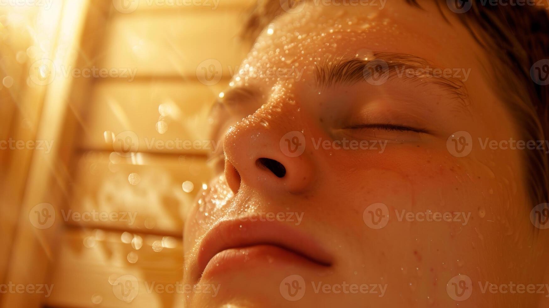 Closeup of a persons flushed face in the sauna beads of sweat trickling down their temples as they work to purify their body and feel better. photo