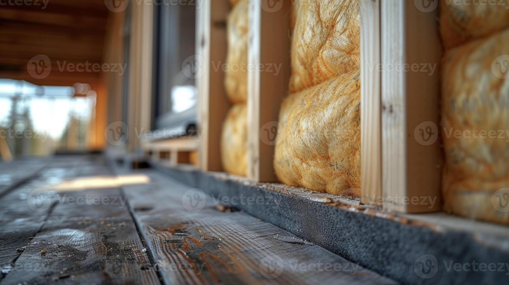 A detailed closeup of recycled denim insulation being inserted between the wall studs a sustainable alternative to traditional fibergl insulation photo