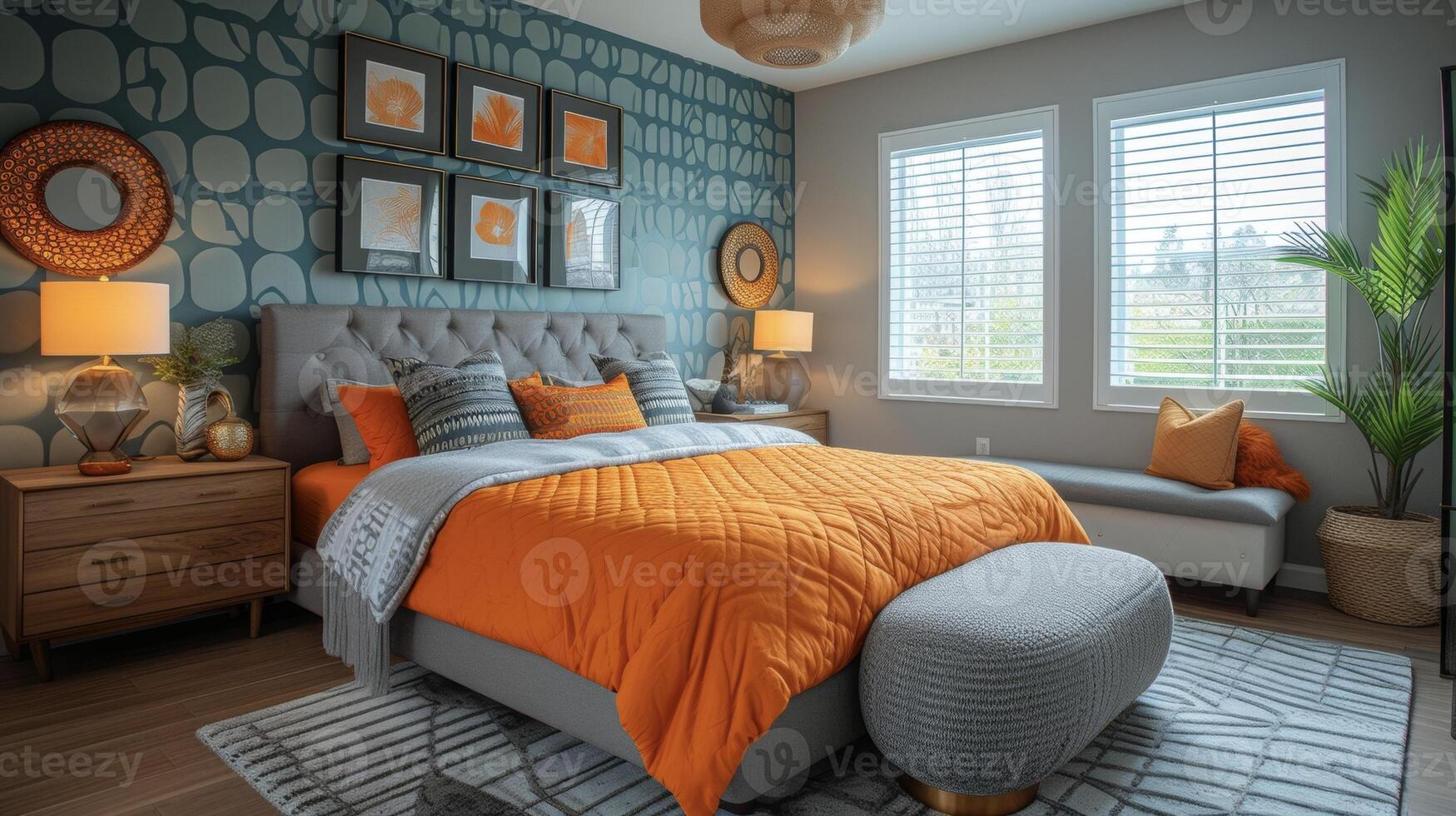 A vibrant pop of color brightens up a cozy bedroom with a bold feature wall adorned in geometric wallpaper patterns photo