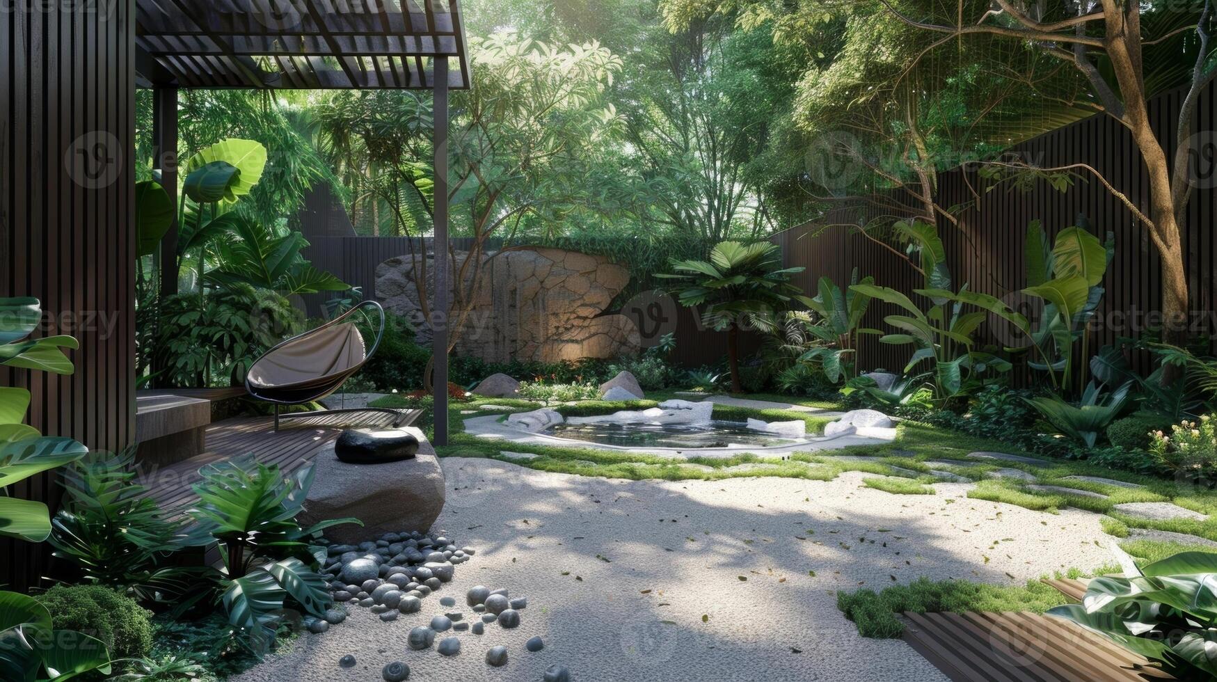 A serene outdoor meditation space surrounded by lush greenery and calming water features offering a sophisticated and peaceful setting for mindfulness and selfcare photo