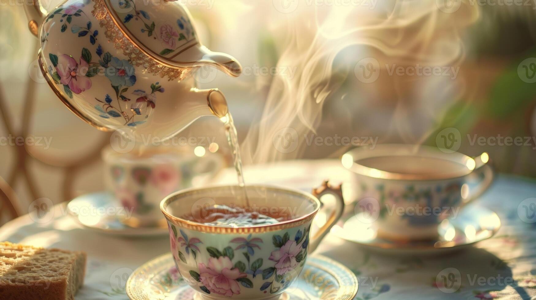 un encantador Clásico tetera torrencial humeante caliente té dentro delicado China tazas el por excelencia imagen de un merienda tarde foto