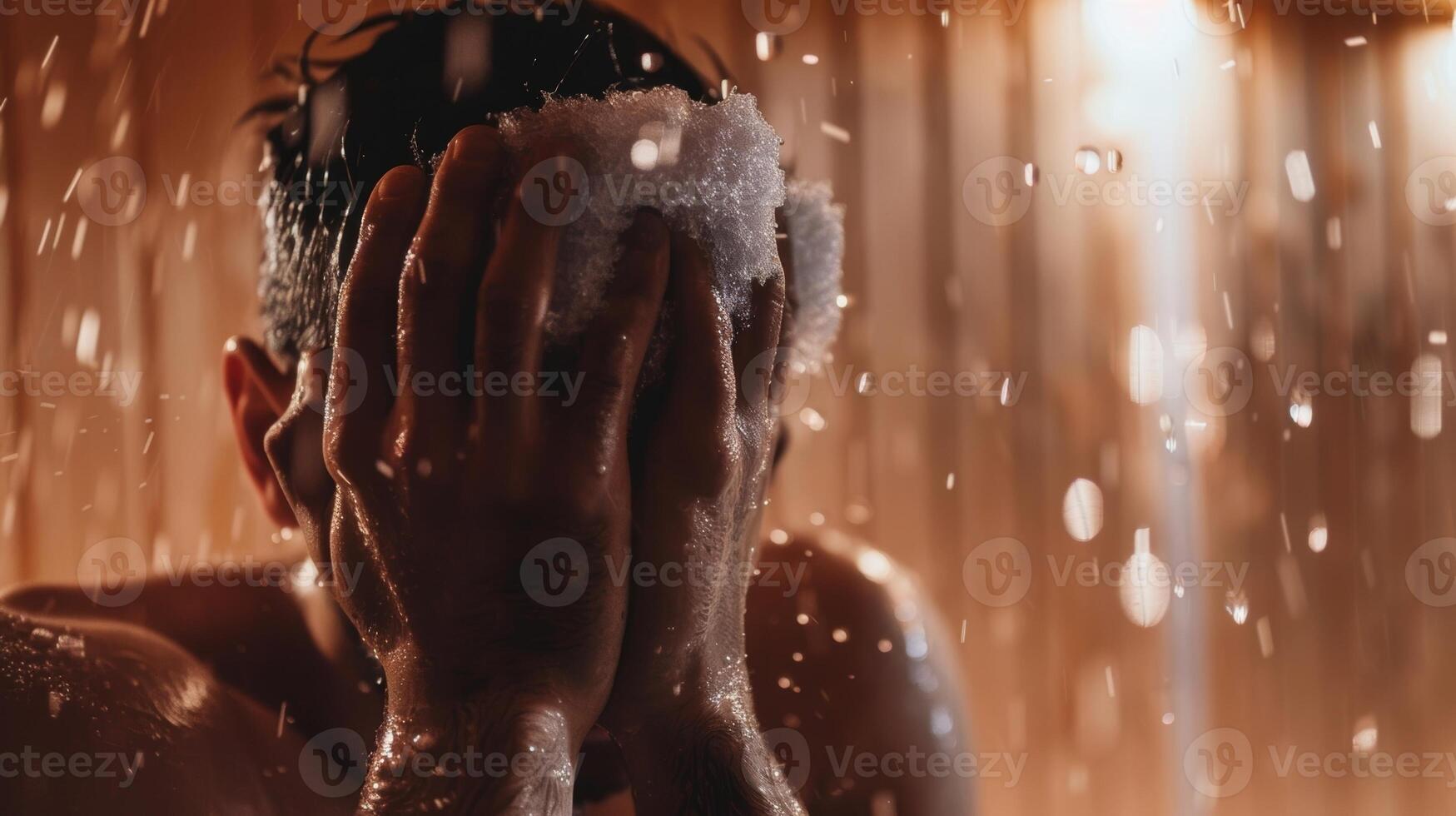 Closeup of a person holding a cold compress to their forehead as they sit in the sauna using the combination of heat and cold to ease their throbbing headache. photo