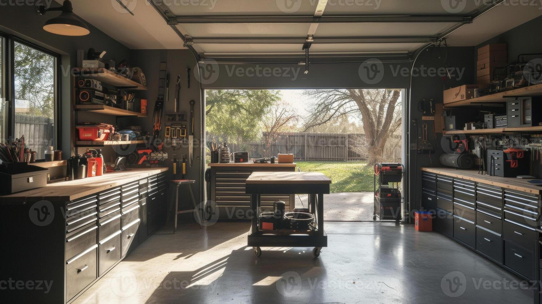 Transforming an unused garage into a dream workshop complete with industrial storage units a metal work table and plenty of natural light photo