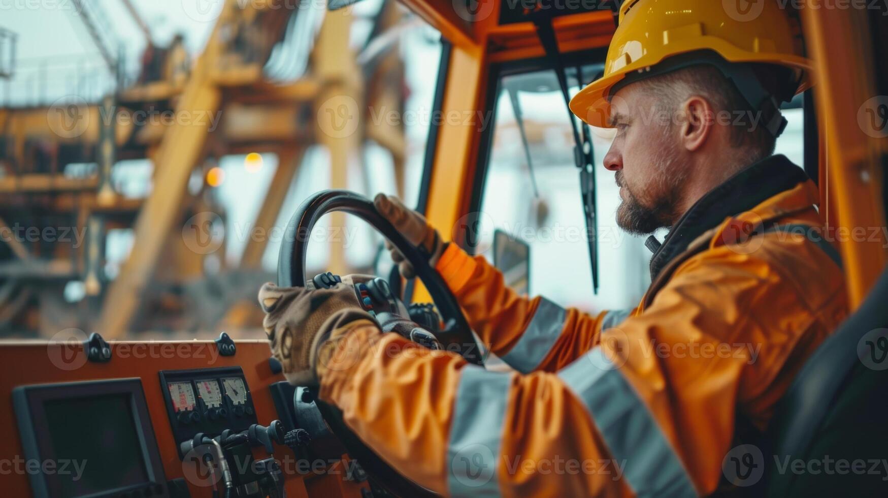 As the crane swings to and fro the operator smoothly adjusts the control panel to maintain balance and control photo