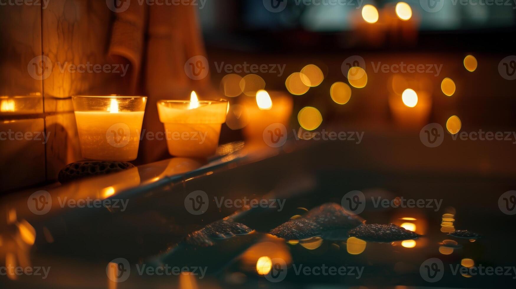 The gentle flickering of candles coupled with the soothing sound of a crackling fireplace makes for the perfect ambiance for unwinding in a deep hot bath. 2d flat cartoon photo