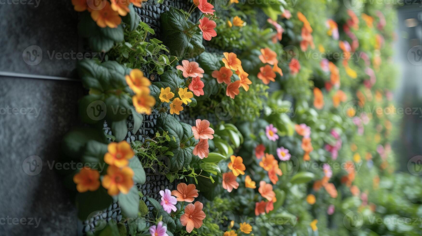 traer el al aire libre en con un vivo pared lleno con cascada vides y delicado flores respiración vida dentro ninguna habitación foto