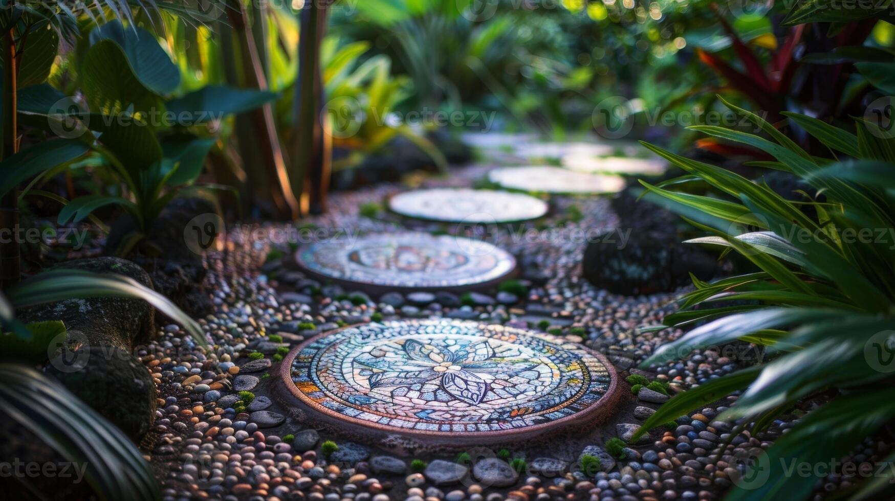 utilizar un serie de cerámico pisar piedras a crear un único ruta mediante el jardín cada uno presentando un diferente diseño. foto