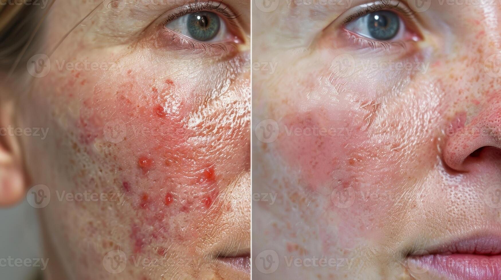 un antes de y después foto demostración significativo mejora en un psoriasis enfermos piel después utilizando infrarrojo terapia.