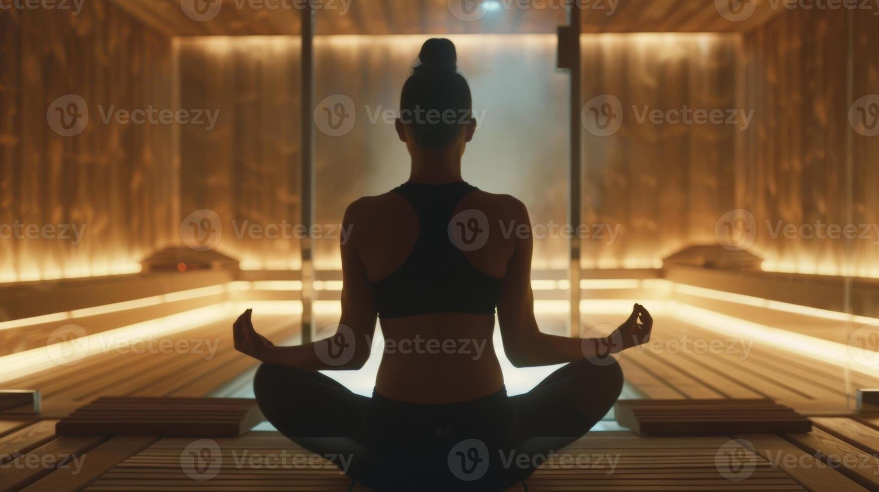un acortar de un celebridad haciendo yoga poses dentro el sauna destacando el combinación de relajación y aptitud en su rutina. foto