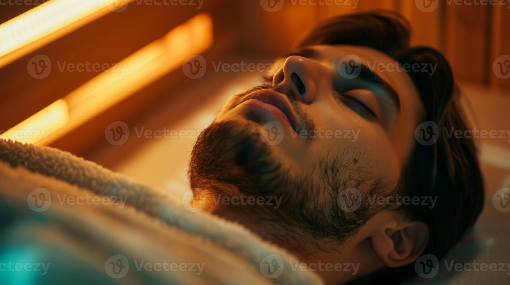 A person lying down and closing their eyes lost in relaxation inside the sauna. photo
