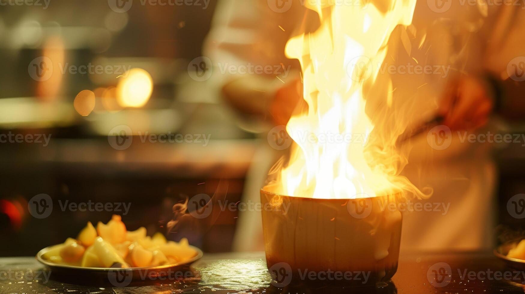 el combinación de luz de una vela y fuego crea un fascinante danza de ligero agregando a el ambiente y emoción de el Cocinando demostración. 2d plano dibujos animados foto