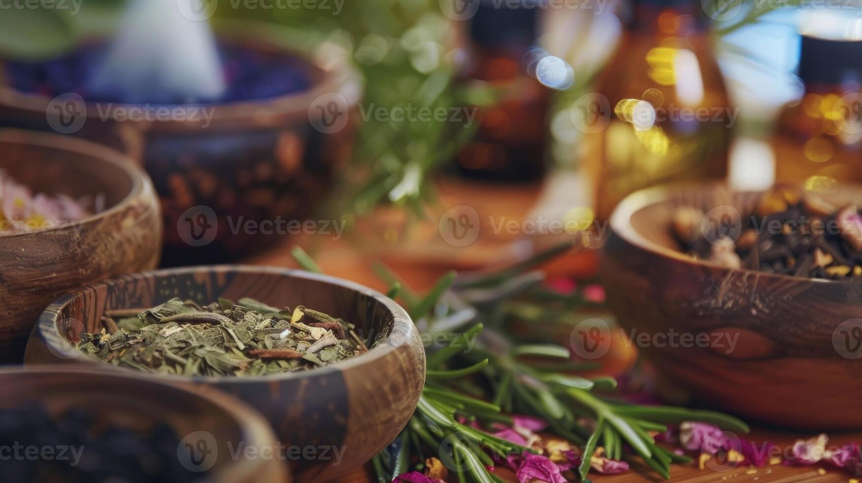un calmante aromaterapia sesión con bochas de fragante hierbas y aceites usado a crear un sereno y calmante ambiente foto