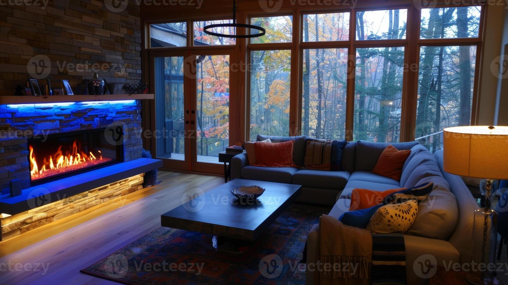 el LED luces dentro el hogar imitar el colores de el cambiando hojas fuera de agregando un acogedor y estacional toque a el vivo habitación. 2d plano dibujos animados foto