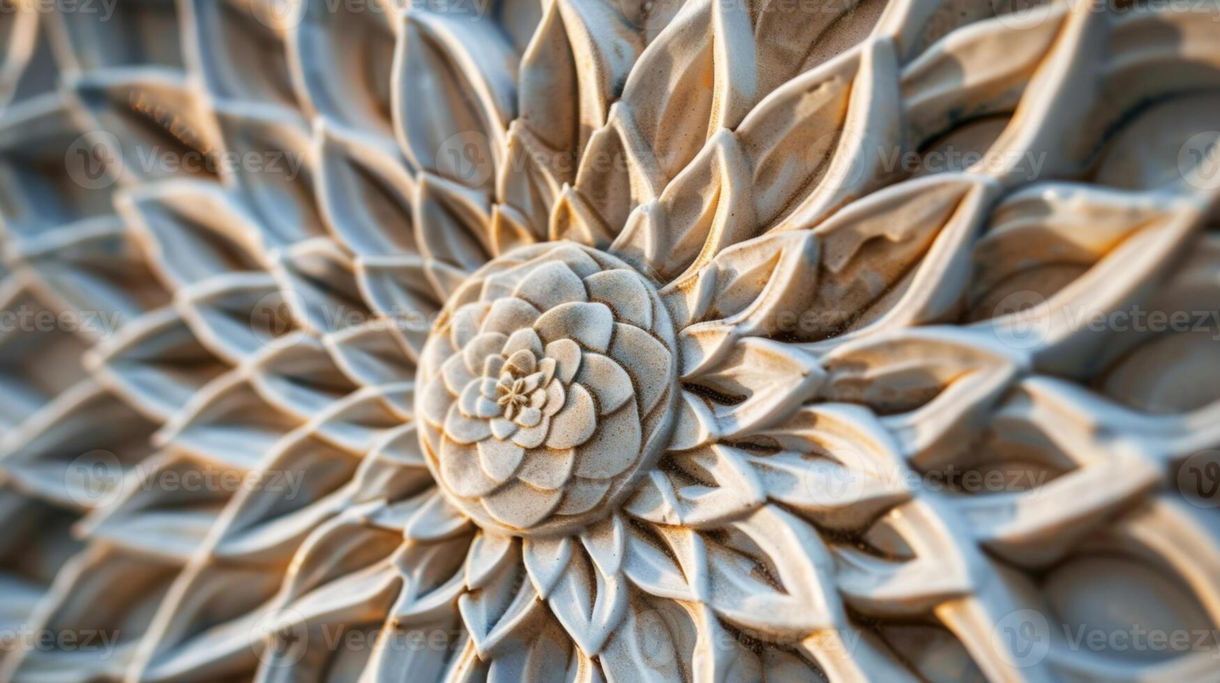 A finished ceramic tile with a relief carving of a geometric mandala pattern its threedimensional surface reflecting light and shadow. photo