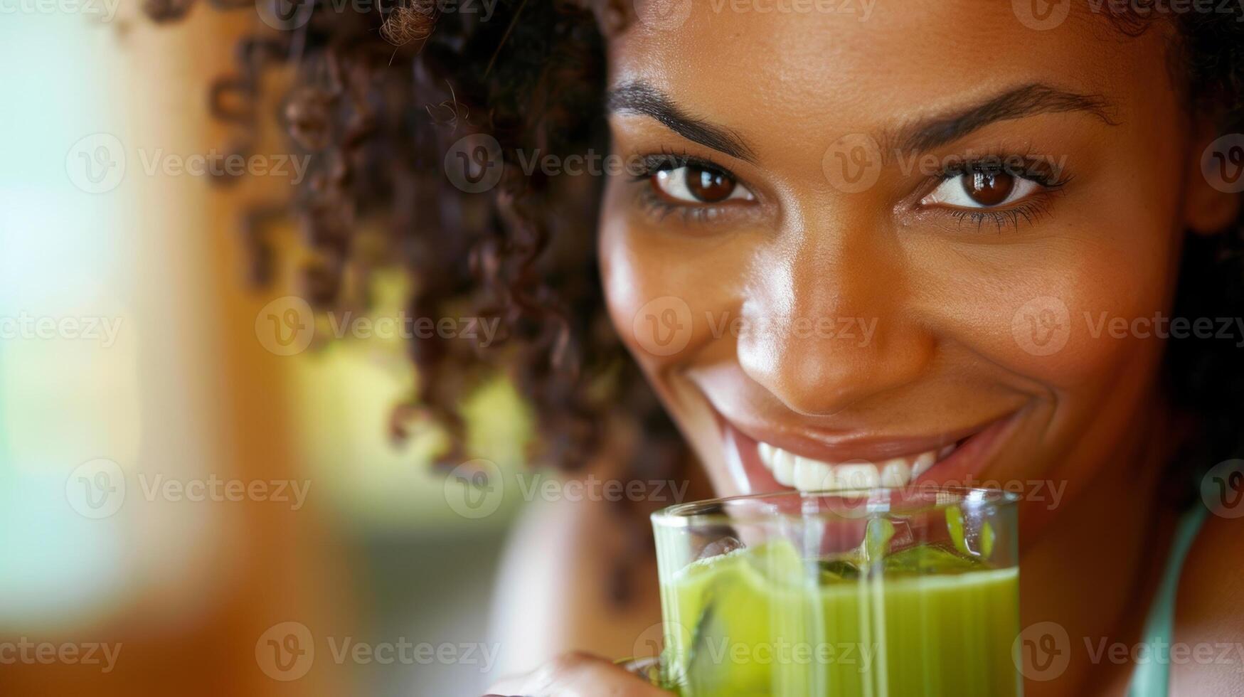 A woman wearing a wide smile as she takes a sip from a tall green glass her eyes lighting up with renewed energy photo