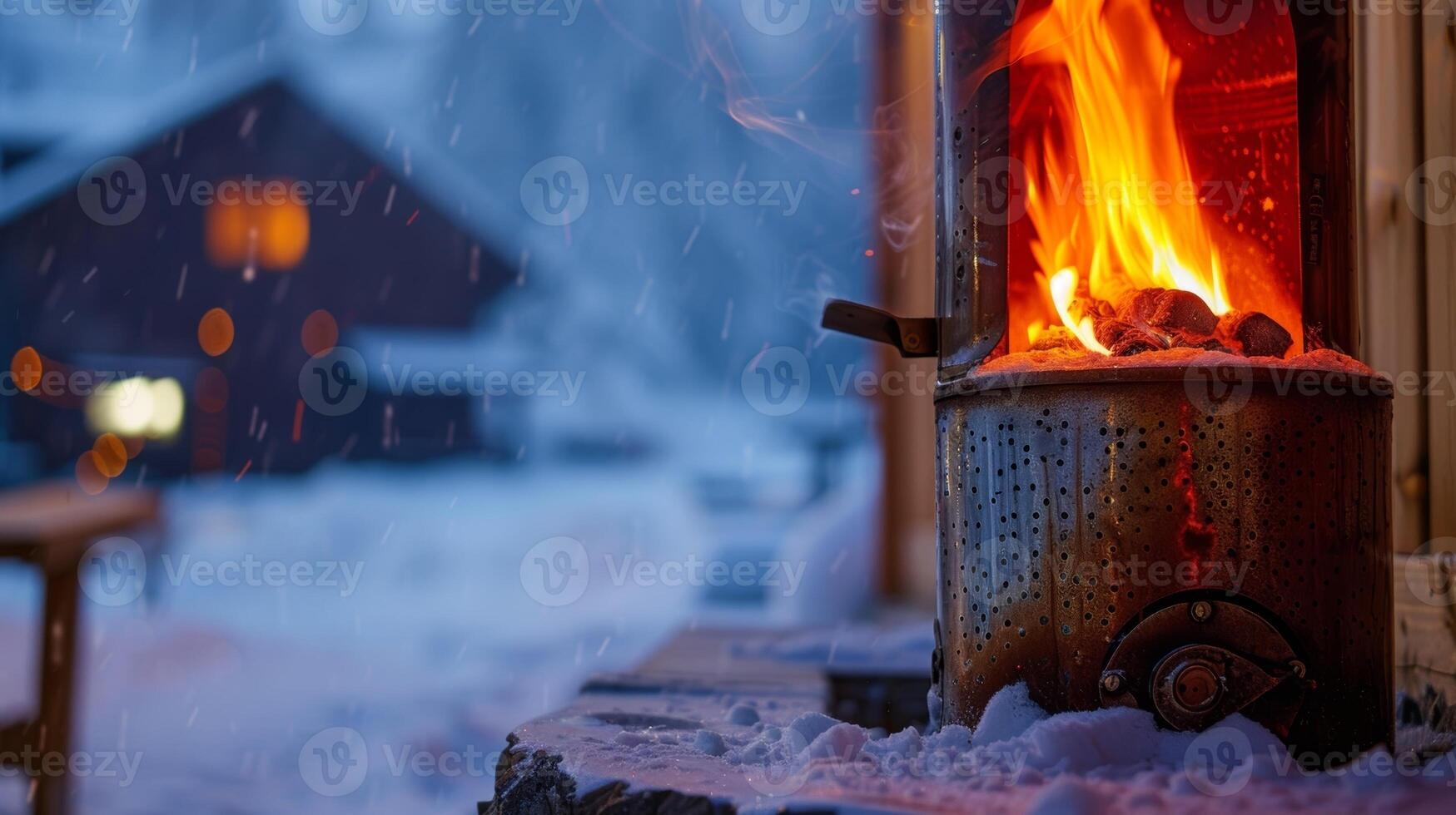 un tradicional a leña sauna estufa brillante rojo caliente y Proporcionar consolador calor en un Nevado noche. foto