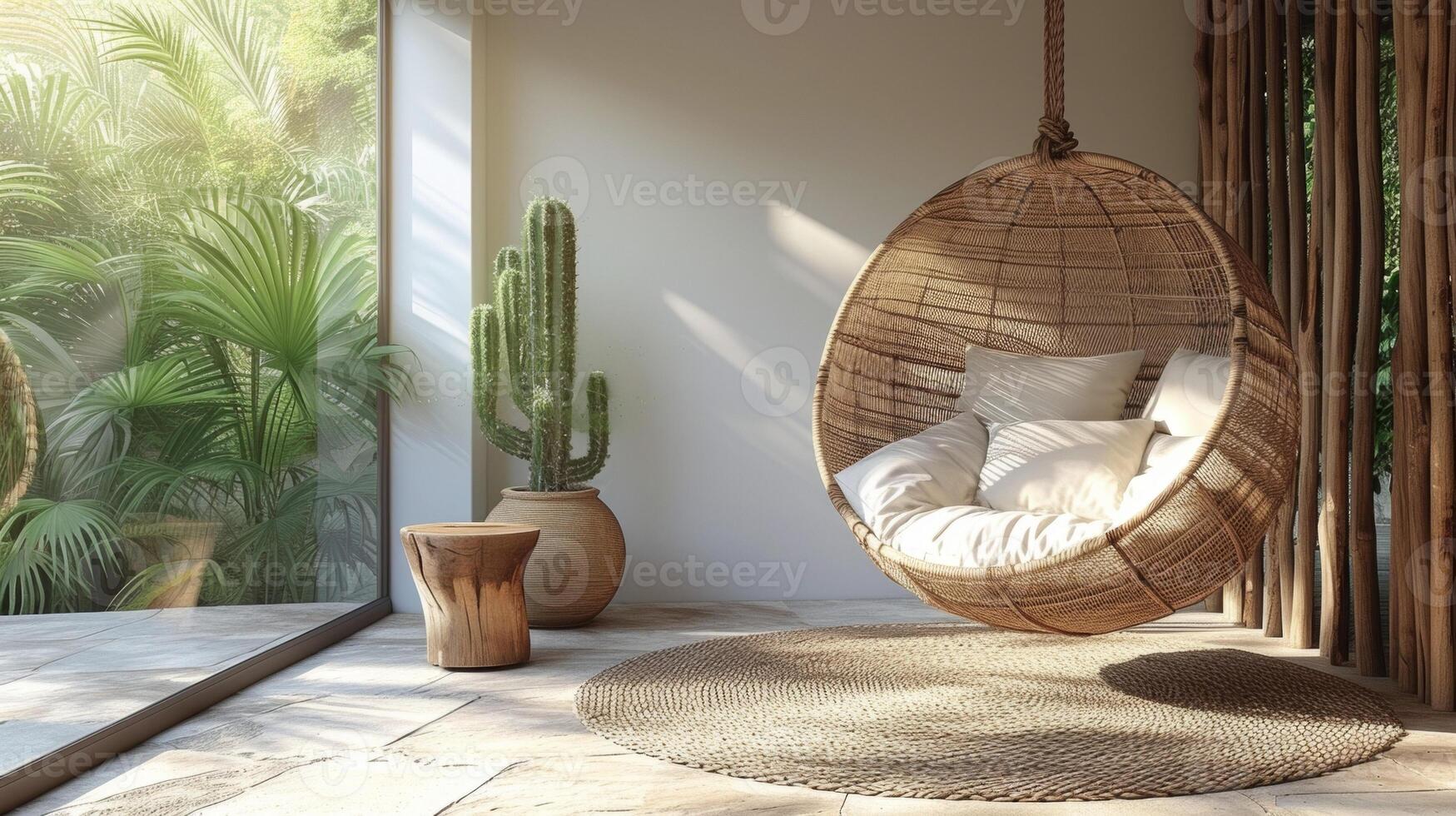A minimalist balcony with a hanging swing chair coupled with a wooden side table and a potted cactus creating a serene and stylish space photo