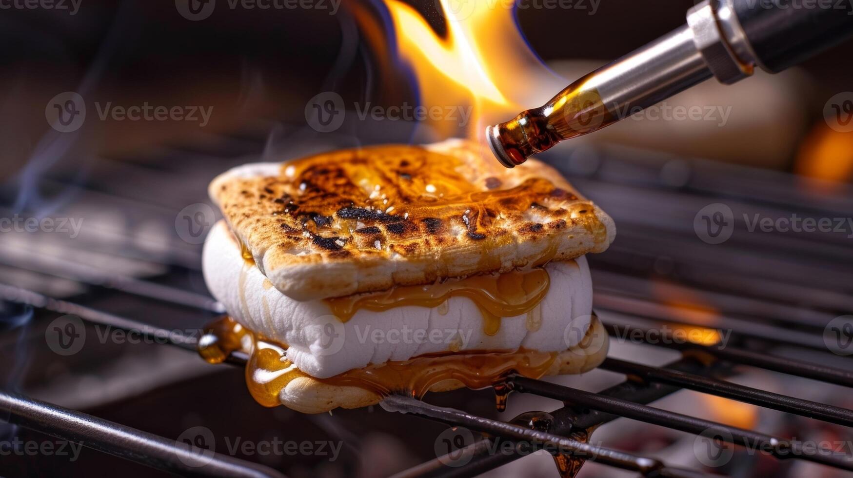 A handheld blowtorch being used to caramelize the marshmallow before adding it to the smore adding an extra layer of richness and flavor photo