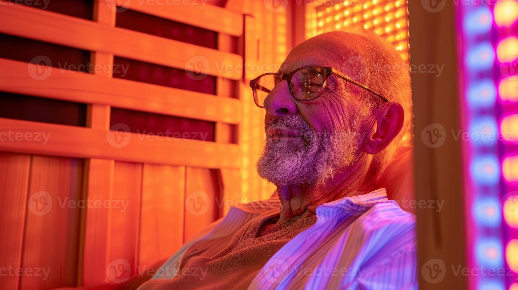 An infrared sauna equipped with chromotherapy lights surrounding an older man as he enjoys the dual benefits of color therapy and arthritis pain relief. photo