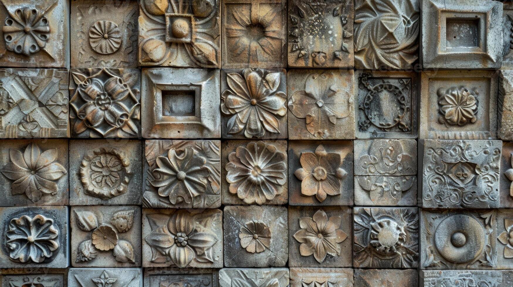 An aerial shot of a tiled wall with multiple relief designs providing a sense of the overall impact and beauty of using these tiles in largescale installations. photo