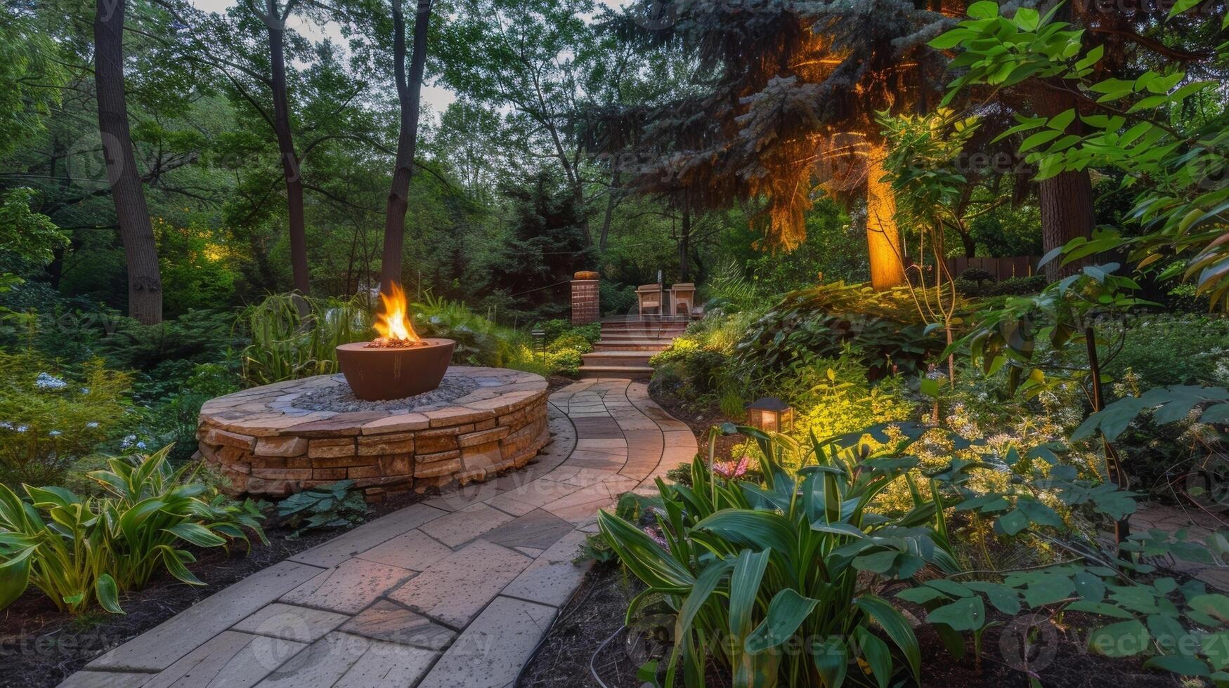 The garden pathway leads to a striking fire feature creating a mesmerizing focal point against the lush greenery. 2d flat cartoon photo