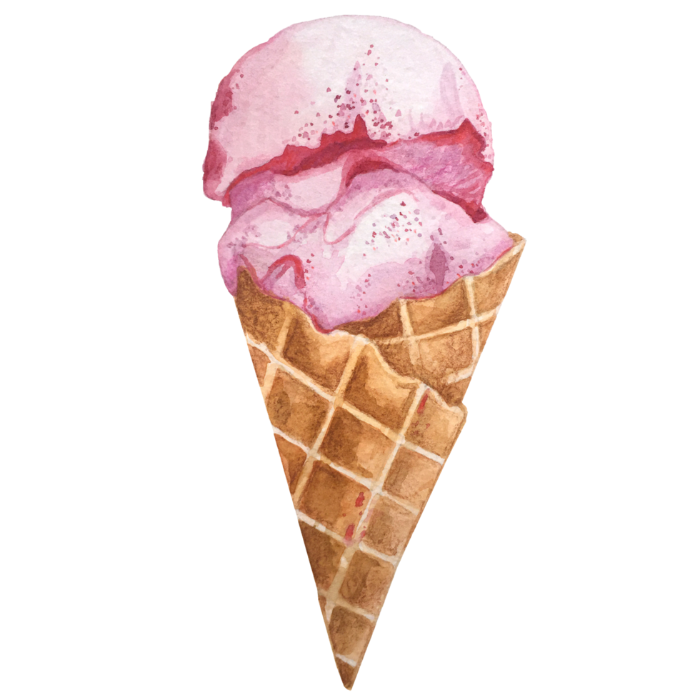 watercolor hand-painted ice cream cone and balls cup frozen gelato of green pink yellow colors ice cream in chocolate with chocolate glaze clip art set for print scrapbooking pattern png