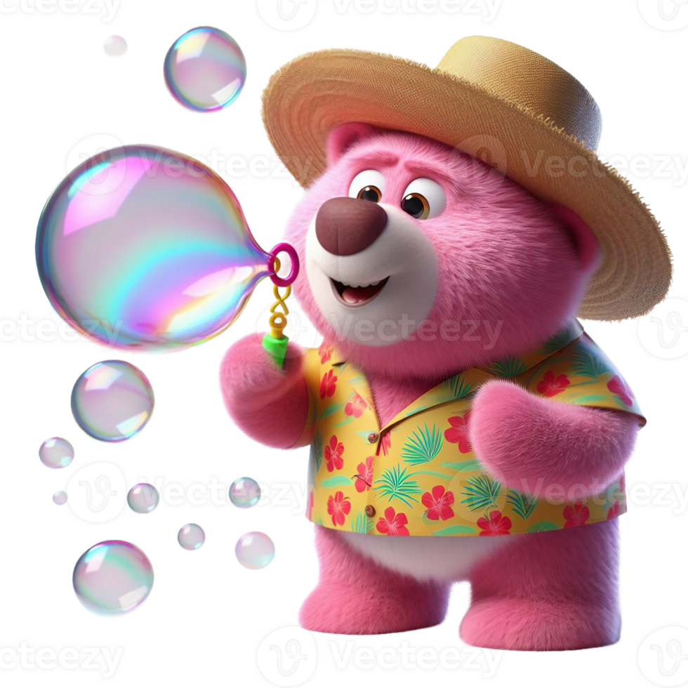 Pink teddy bear in straw hat and colorful shirt blows big soap bubbles png